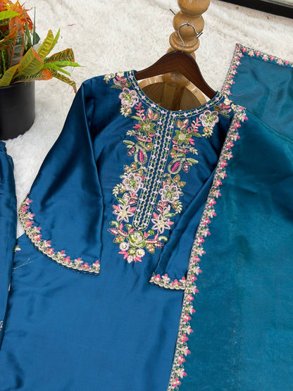 Preferable Blue Color Embroidered Farshi Suit With Dupatta