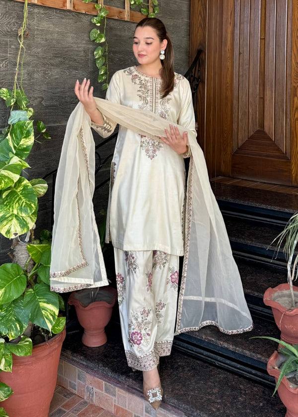 Lovely White Color Embroidered Farshi Suit With Dupatta
