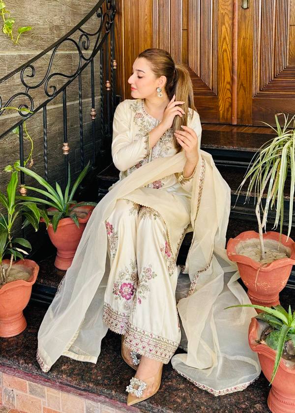 Lovely White Color Embroidered Farshi Suit With Dupatta