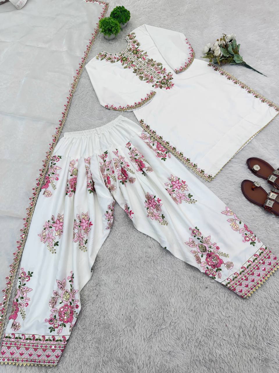 Lovely White Color Embroidered Farshi Suit With Dupatta