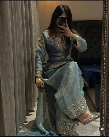 Function Wear Sky Blue Color Sequence Embroidered Palazzo Suit With Dupatta