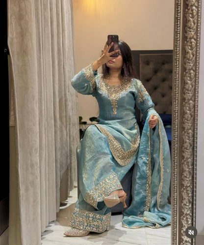 Function Wear Sky Blue Color Sequence Embroidered Palazzo Suit With Dupatta