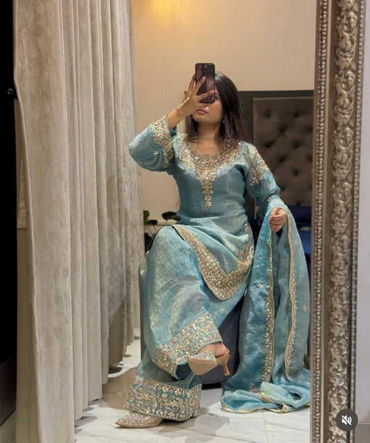 Function Wear Sky Blue Color Sequence Embroidered Palazzo Suit With Dupatta
