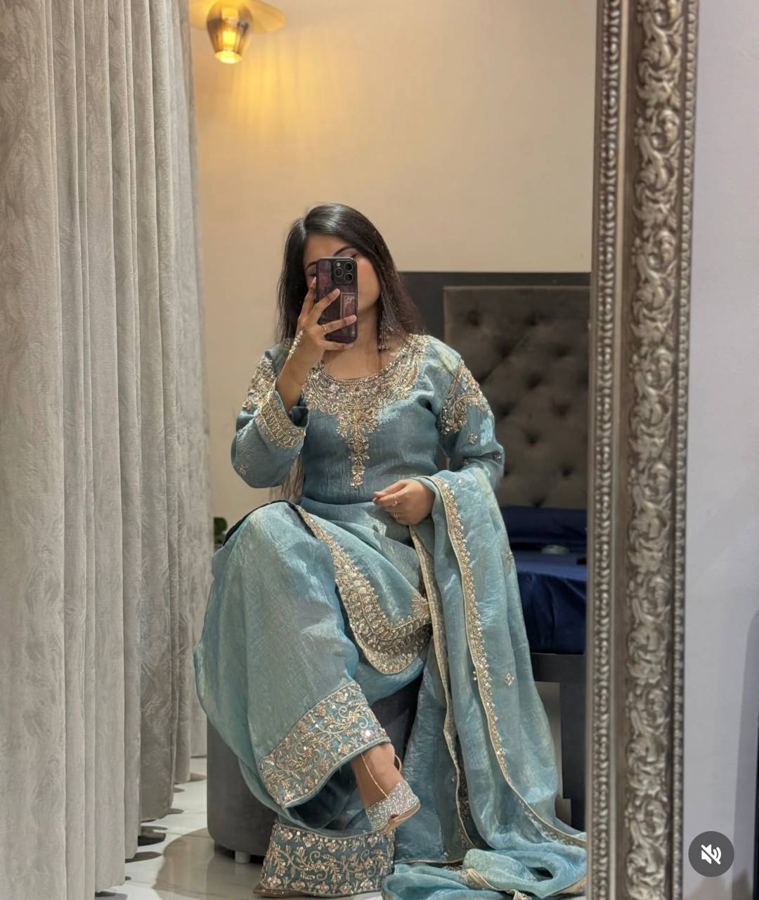 Function Wear Sky Blue Color Sequence Embroidered Palazzo Suit With Dupatta