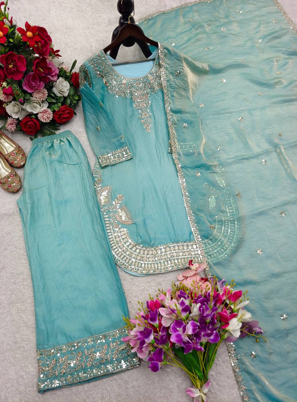 Function Wear Sky Blue Color Sequence Embroidered Palazzo Suit With Dupatta