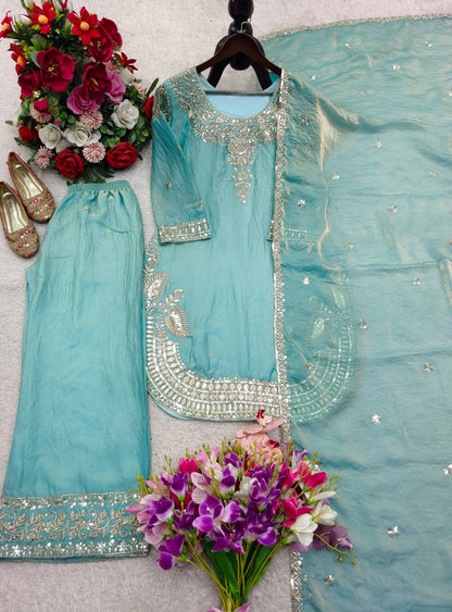 Function Wear Sky Blue Color Sequence Embroidered Palazzo Suit With Dupatta