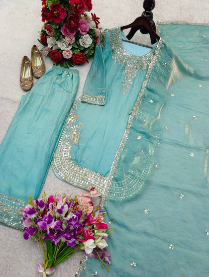Function Wear Sky Blue Color Sequence Embroidered Palazzo Suit With Dupatta