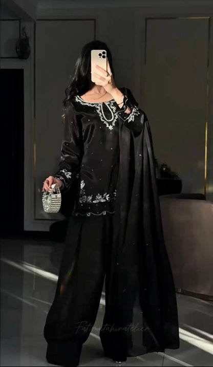 Trending Black Color Sequence Embroidered Farshi Suit With Dupatta