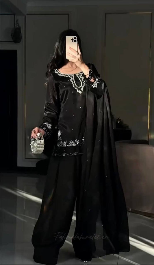 Trending Black Color Sequence Embroidered Farshi Suit With Dupatta