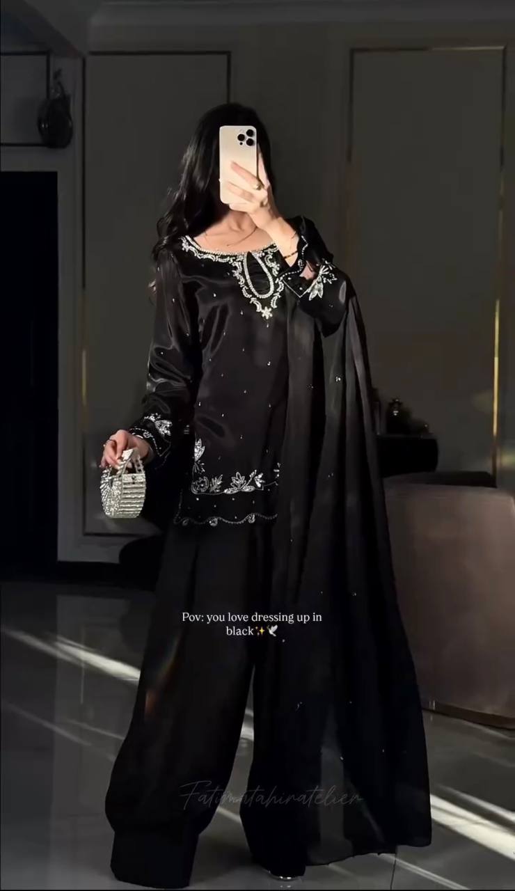 Trending Black Color Sequence Embroidered Farshi Suit With Dupatta