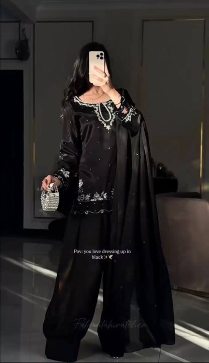 Trending Black Color Sequence Embroidered Farshi Suit With Dupatta