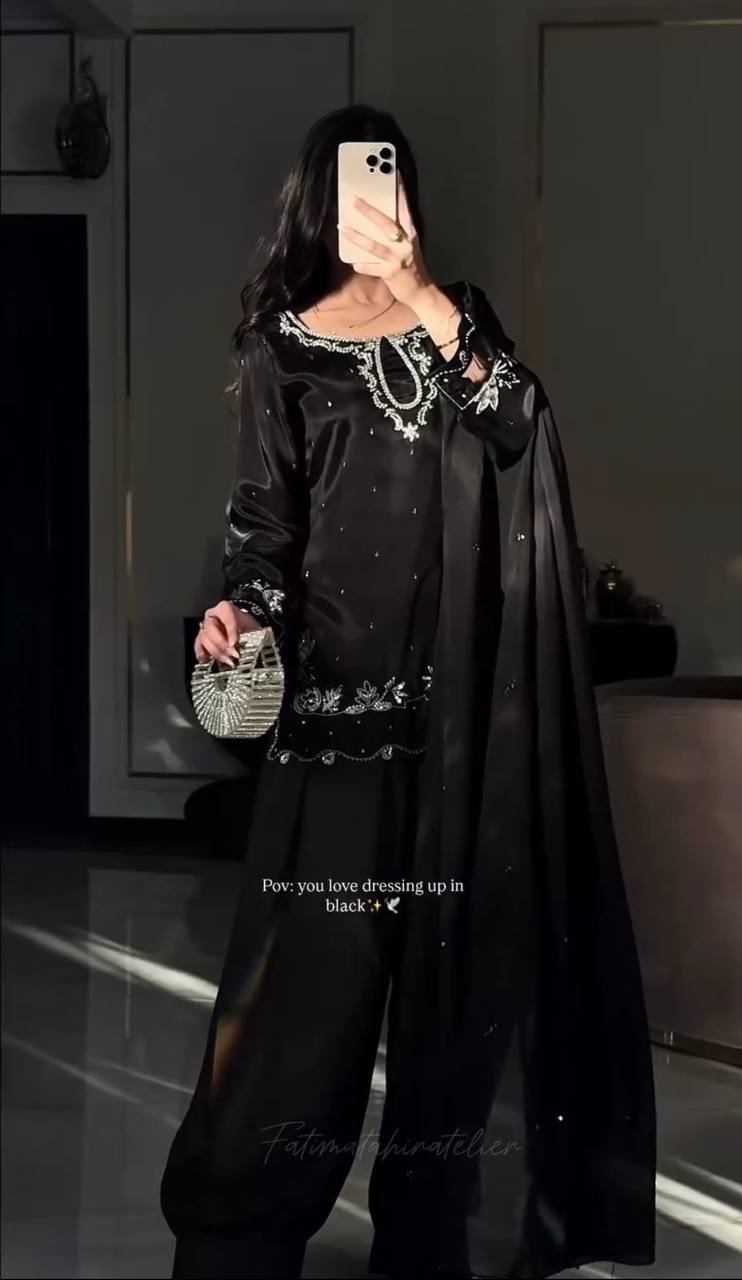 Trending Black Color Sequence Embroidered Farshi Suit With Dupatta