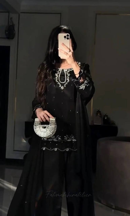 Trending Black Color Sequence Embroidered Farshi Suit With Dupatta