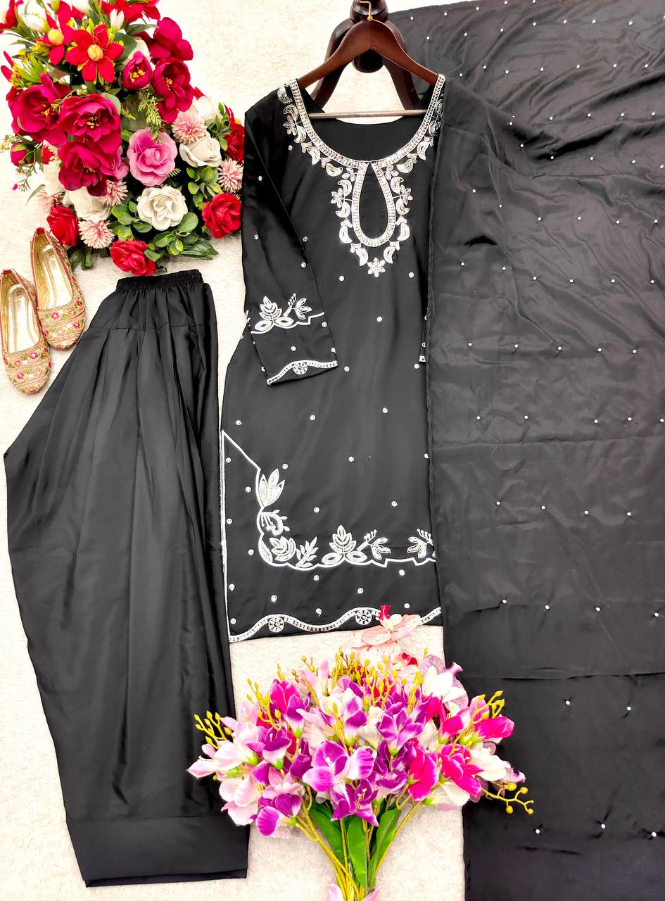 Trending Black Color Sequence Embroidered Farshi Suit With Dupatta