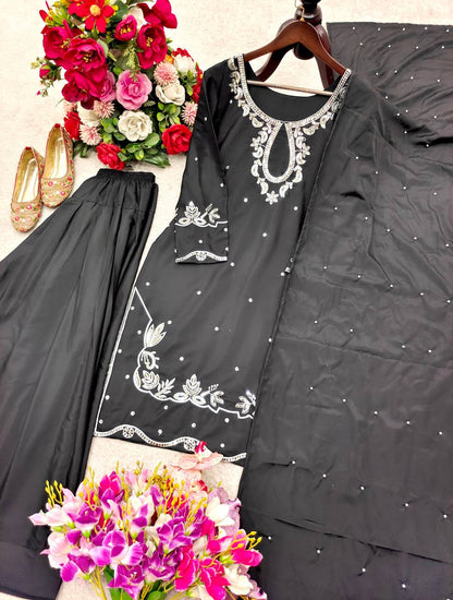 Trending Black Color Sequence Embroidered Farshi Suit With Dupatta