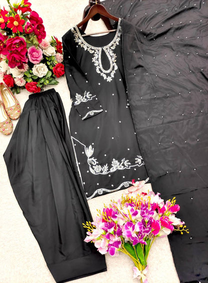 Trending Black Color Sequence Embroidered Farshi Suit With Dupatta