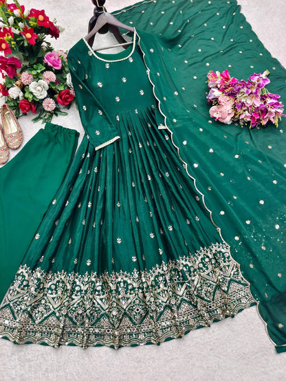 Wedding Green Color Sequence Embroidered Anarkali Suit With Dupatta