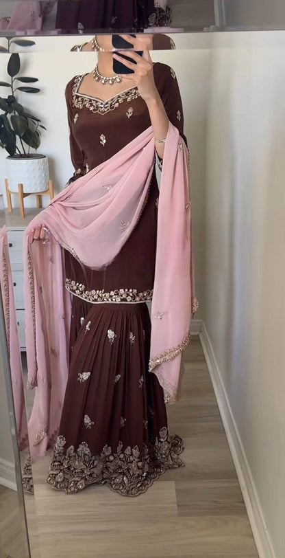 Reception Wear Brown Color Heavy Faux Georgette With Embroidery Sequin Work Palazzo Sharara Suit