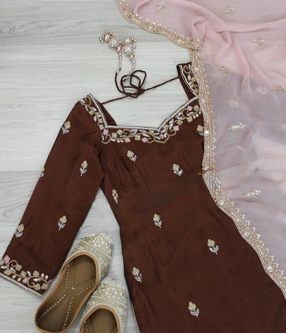 Reception Wear Brown Color Heavy Faux Georgette With Embroidery Sequin Work Palazzo Sharara Suit