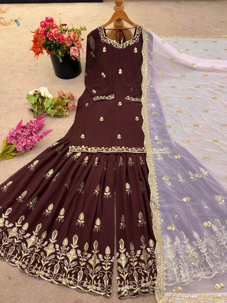 Reception Wear Brown Color Heavy Faux Georgette With Embroidery Sequin Work Palazzo Sharara Suit