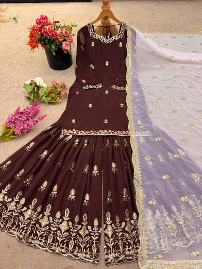 Reception Wear Brown Color Heavy Faux Georgette With Embroidery Sequin Work Palazzo Sharara Suit