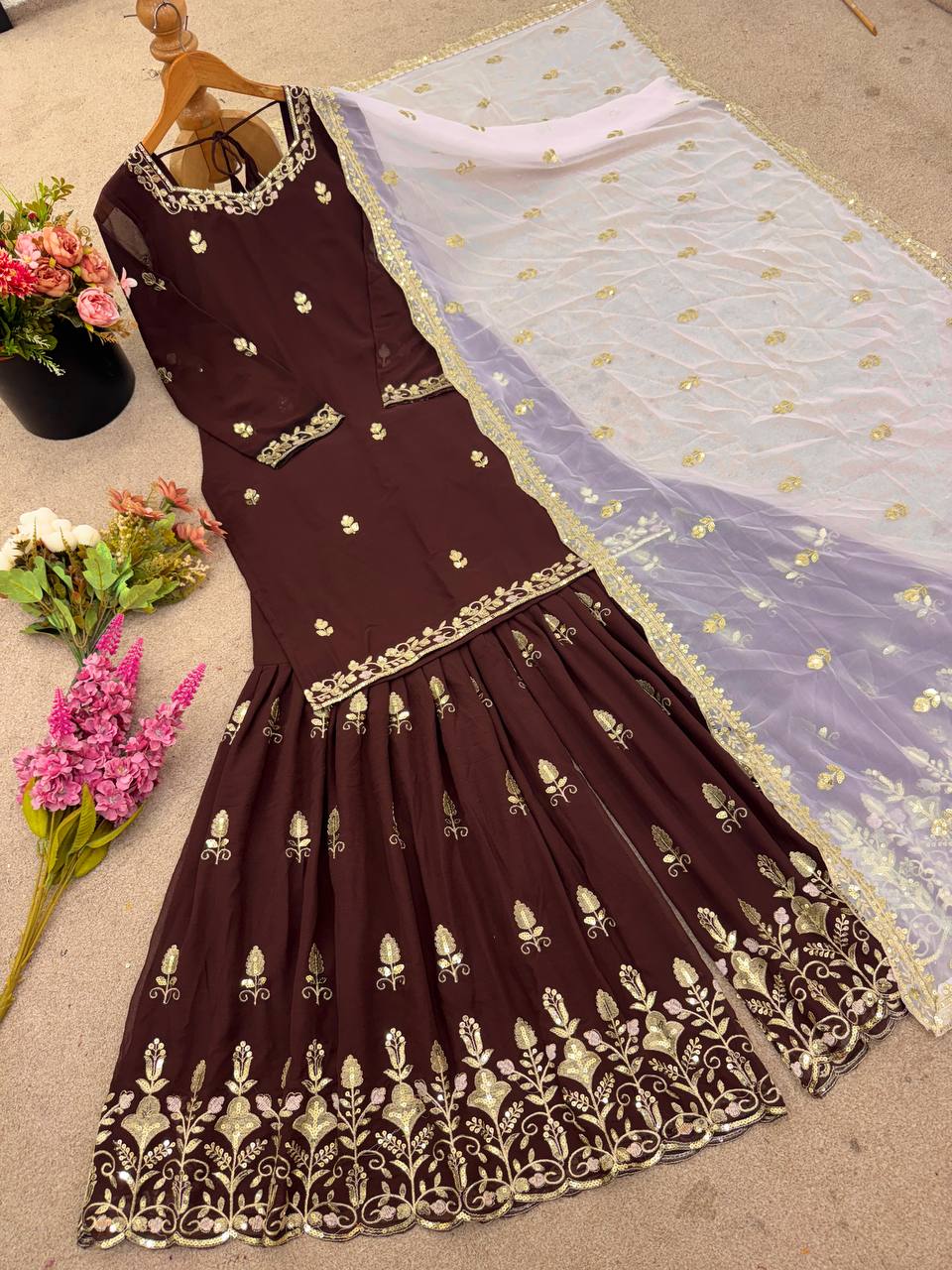 Reception Wear Brown Color Heavy Faux Georgette With Embroidery Sequin Work Palazzo Sharara Suit