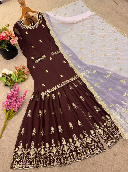 Reception Wear Brown Color Heavy Faux Georgette With Embroidery Sequin Work Palazzo Sharara Suit