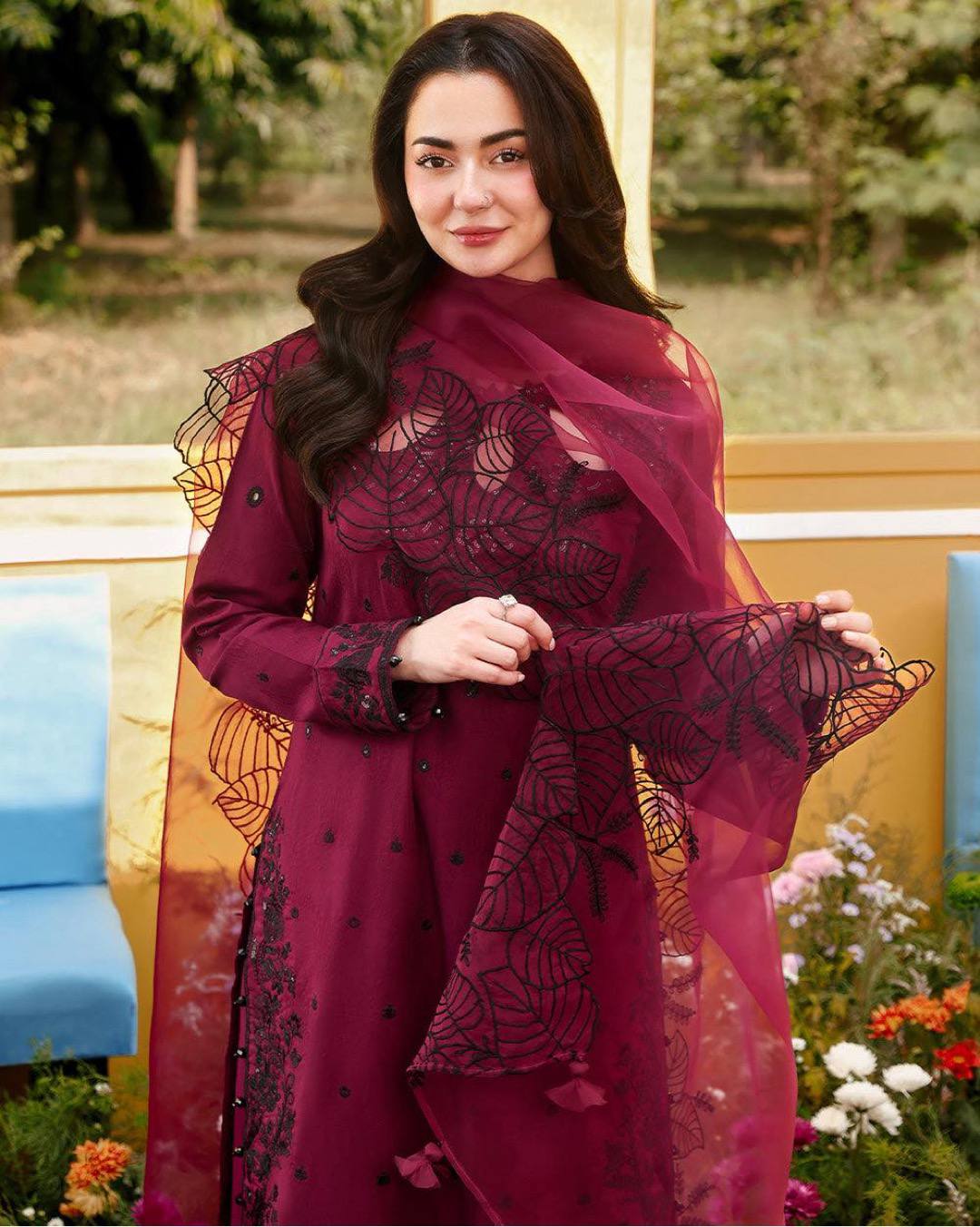 Celebrity Style Maroon Color Sequnece Embroidered Palazoo Suit With Dupatta