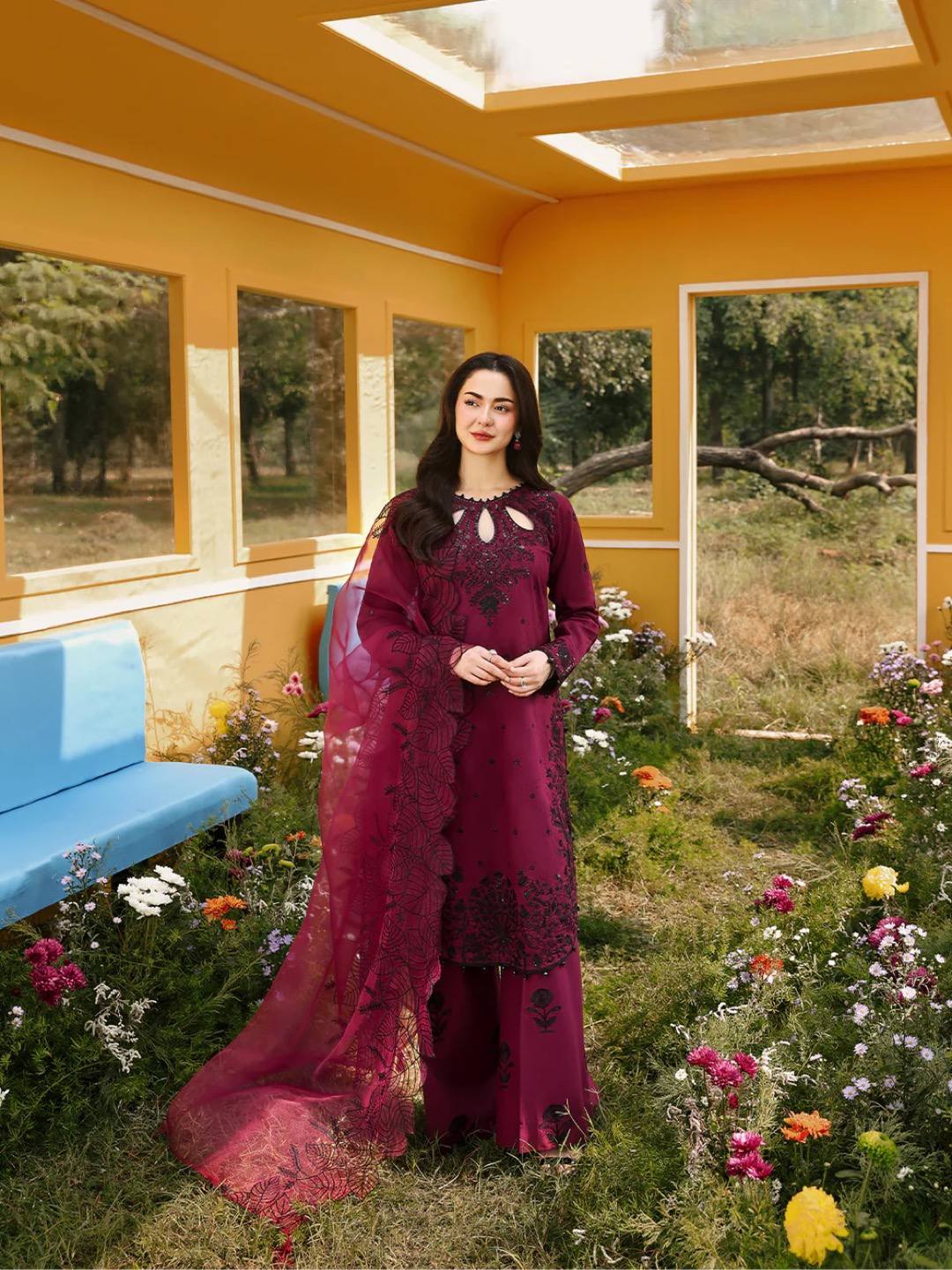 Celebrity Style Maroon Color Sequnece Embroidered Palazoo Suit With Dupatta