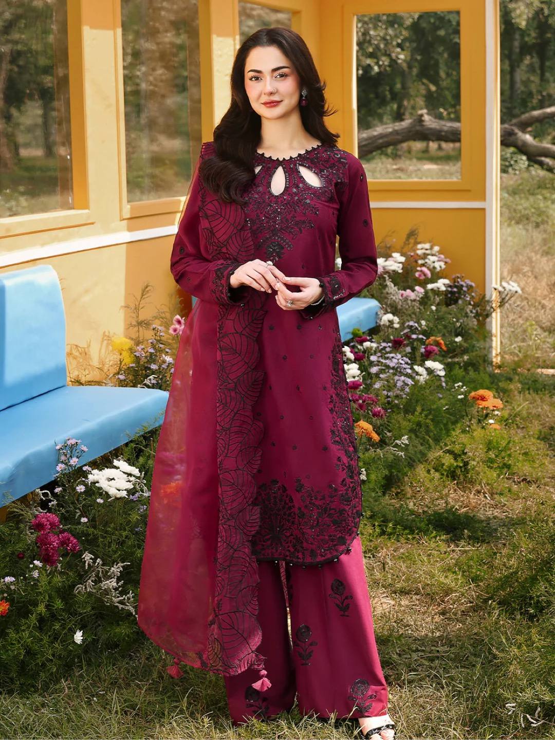 Celebrity Style Maroon Color Sequnece Embroidered Palazoo Suit With Dupatta