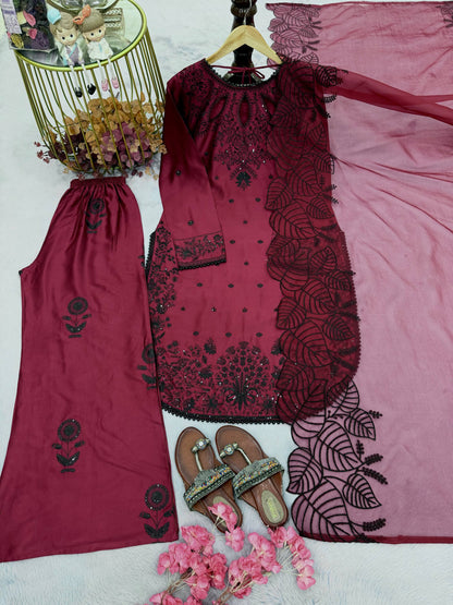 Celebrity Style Maroon Color Sequnece Embroidered Palazoo Suit With Dupatta