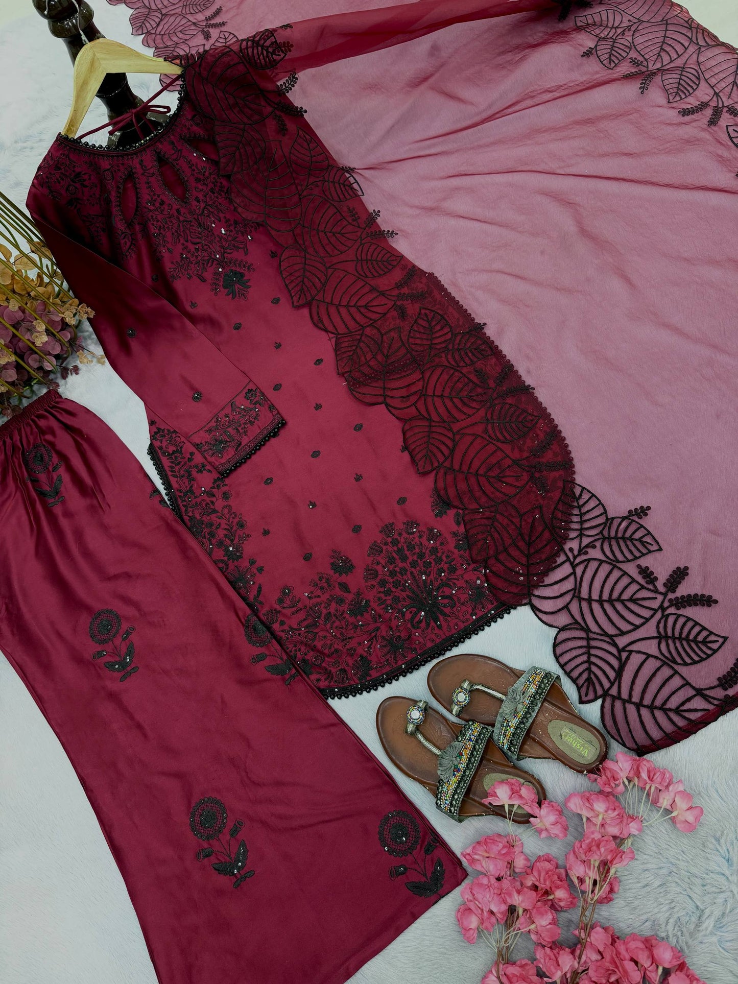 Celebrity Style Maroon Color Sequnece Embroidered Palazoo Suit With Dupatta