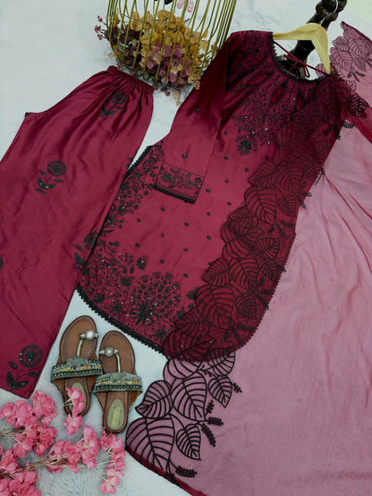 Celebrity Style Maroon Color Sequnece Embroidered Palazoo Suit With Dupatta