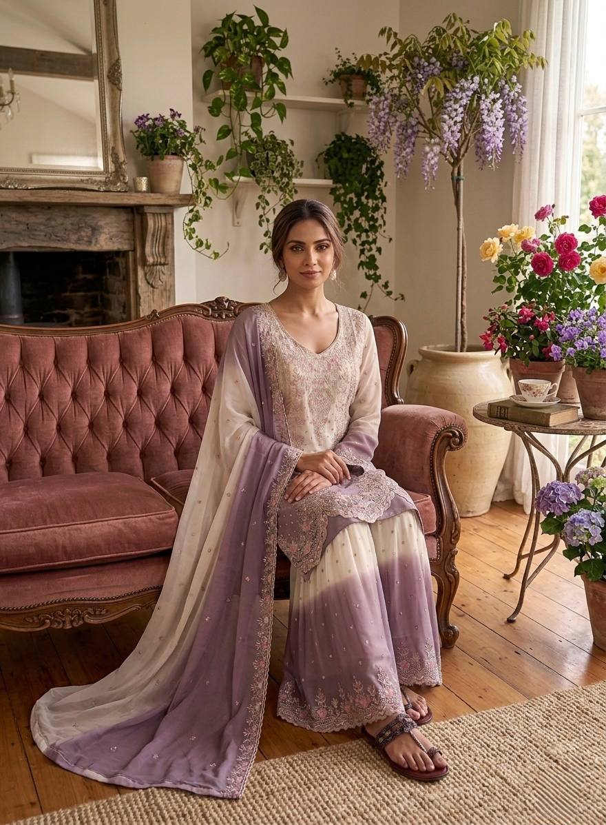 Eyes Catching Purple Color Embroidery Palazzo Suit with Dupatta