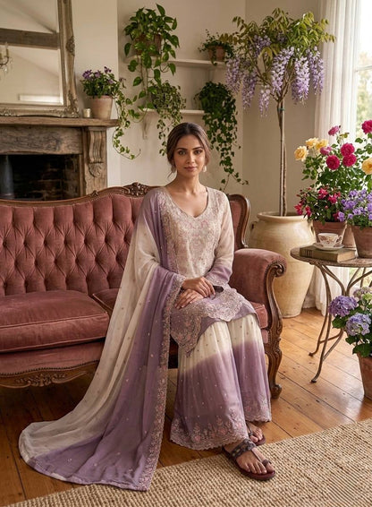 Eyes Catching Purple Color Embroidery Palazzo Suit with Dupatta