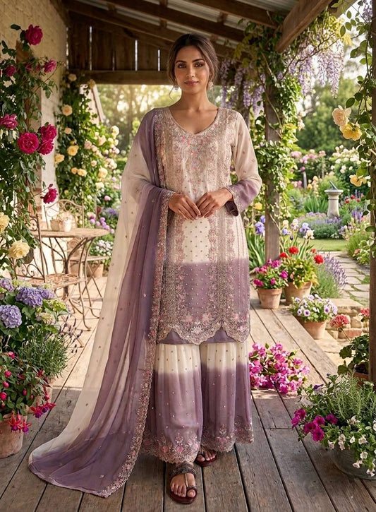 Eyes Catching Purple Color Embroidery Palazzo Suit with Dupatta