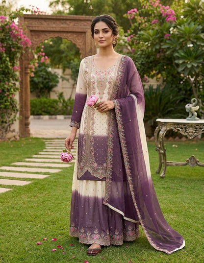 Eyes Catching Purple Color Embroidery Palazzo Suit with Dupatta