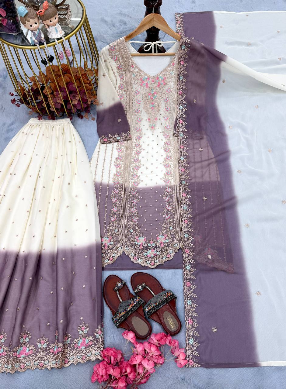 Eyes Catching Purple Color Embroidery Palazzo Suit with Dupatta