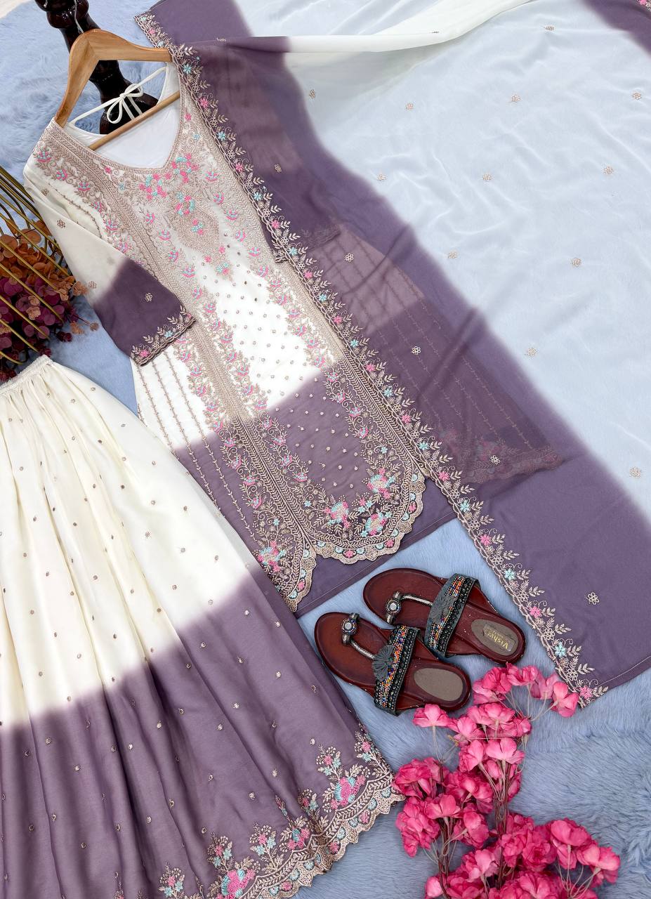 Eyes Catching Purple Color Embroidery Palazzo Suit with Dupatta