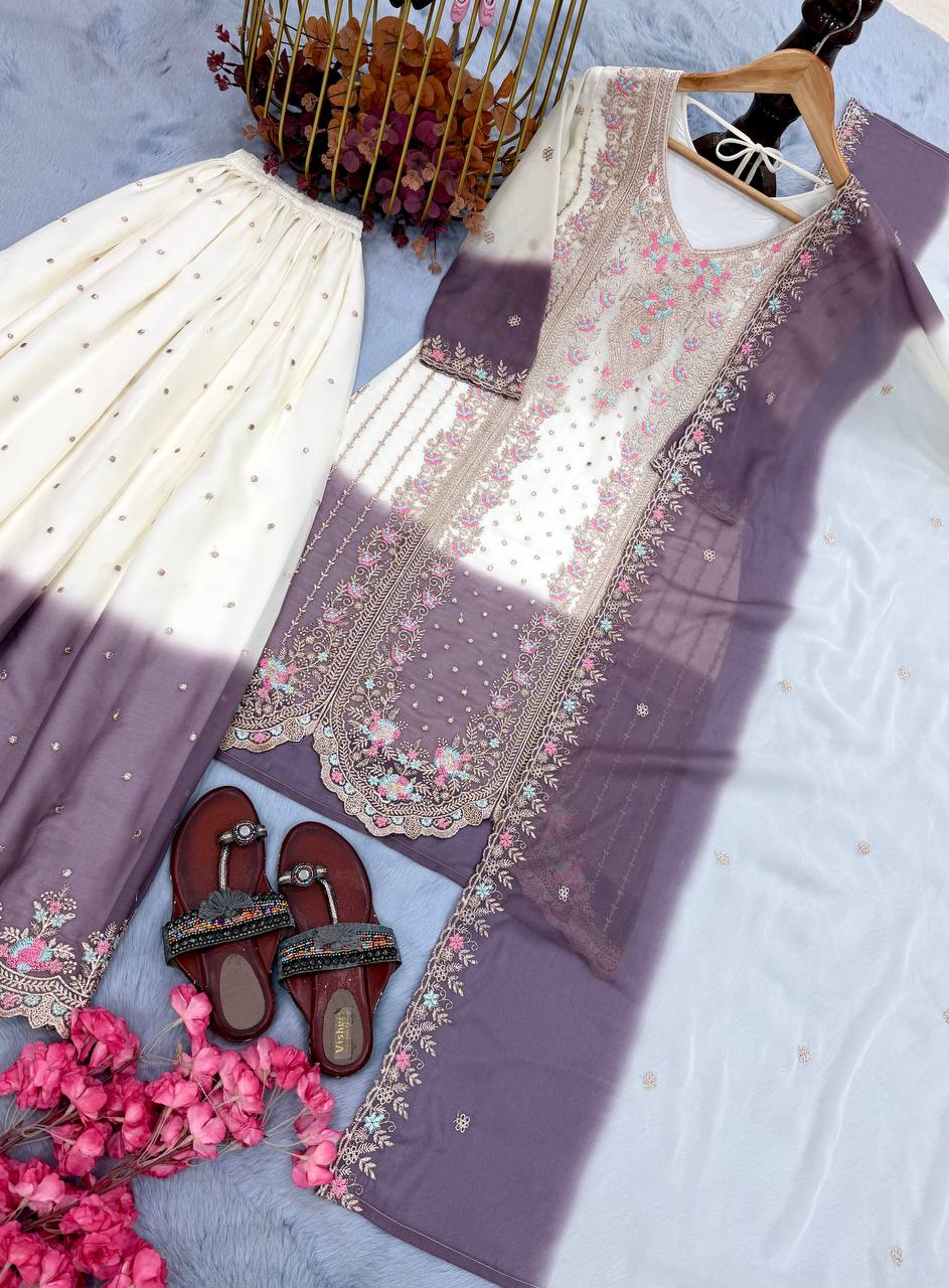 Eyes Catching Purple Color Embroidery Palazzo Suit with Dupatta