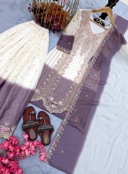 Eyes Catching Purple Color Embroidery Palazzo Suit with Dupatta