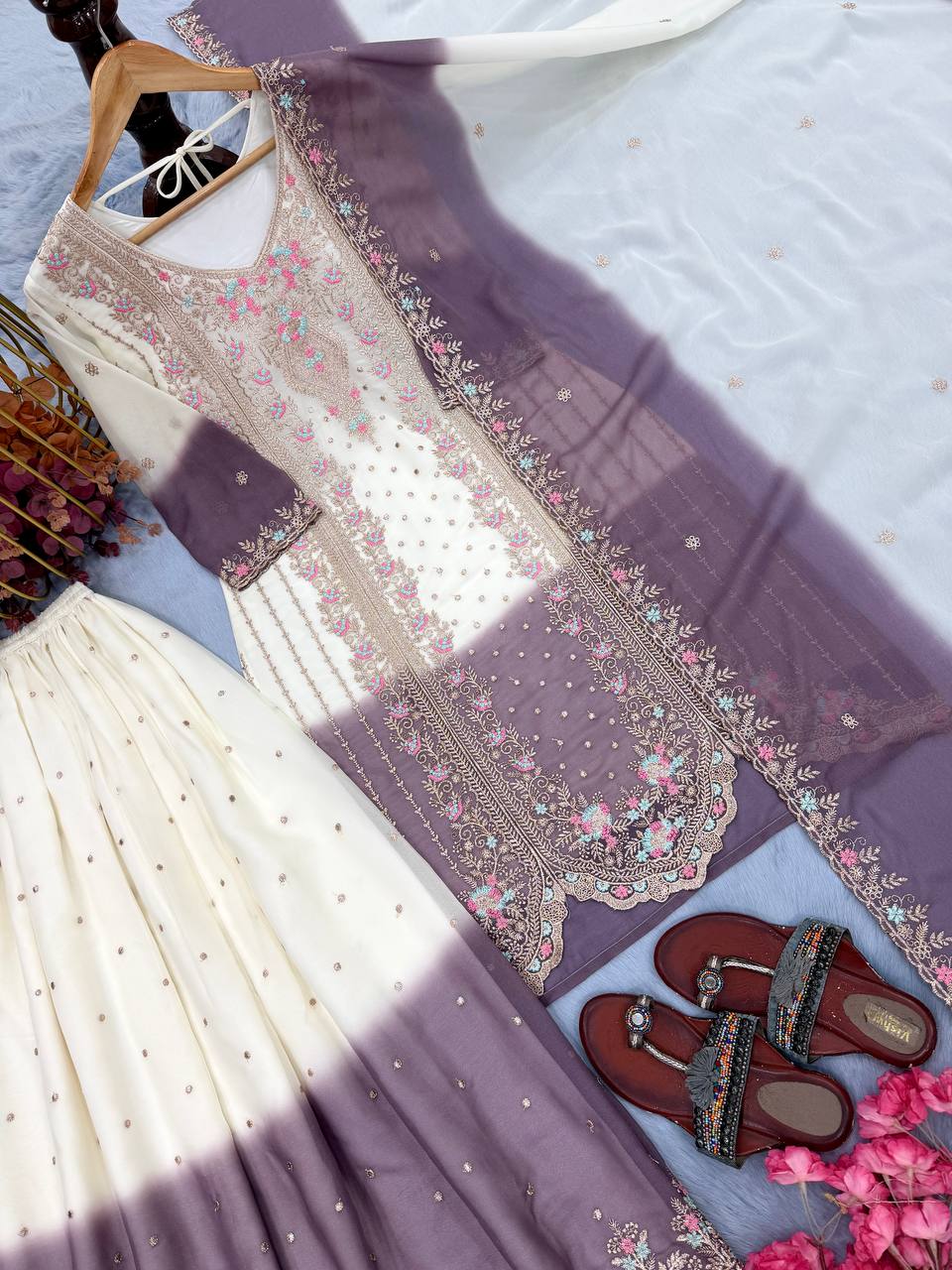 Eyes Catching Purple Color Embroidery Palazzo Suit with Dupatta