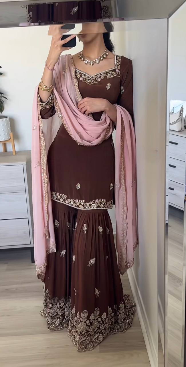 Designer Natural Crepe Brown Color Sequins Embroidered Work Wedding Wear Sharara Set With Fancy Dupatta