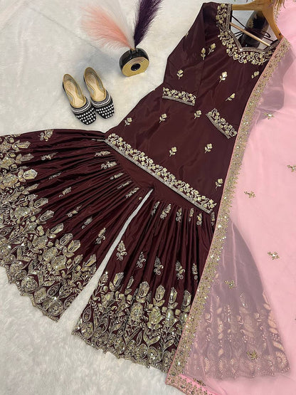 Designer Natural Crepe Brown Color Sequins Embroidered Work Wedding Wear Sharara Set With Fancy Dupatta