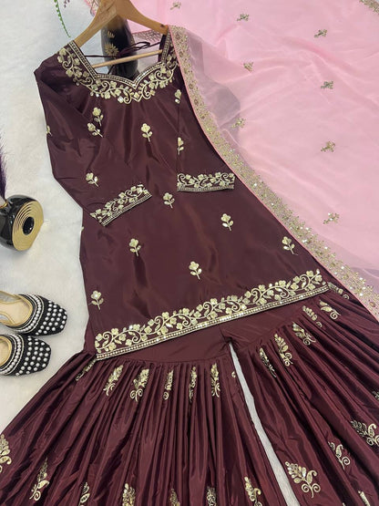 Designer Natural Crepe Brown Color Sequins Embroidered Work Wedding Wear Sharara Set With Fancy Dupatta