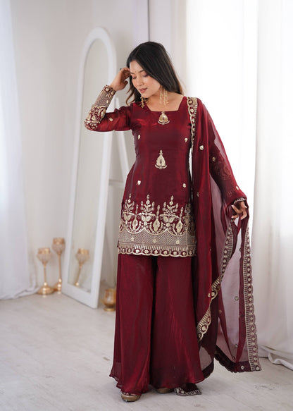 Arti Chauhan Wear Maroon Color Fendy Silk Sequin Work Sharara Suit Set