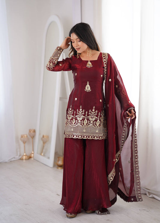 Arti Chauhan Wear Maroon Color Fendy Silk Sequin Work Sharara Suit Set
