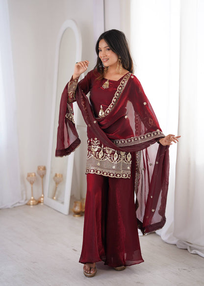 Arti Chauhan Wear Maroon Color Fendy Silk Sequin Work Sharara Suit Set
