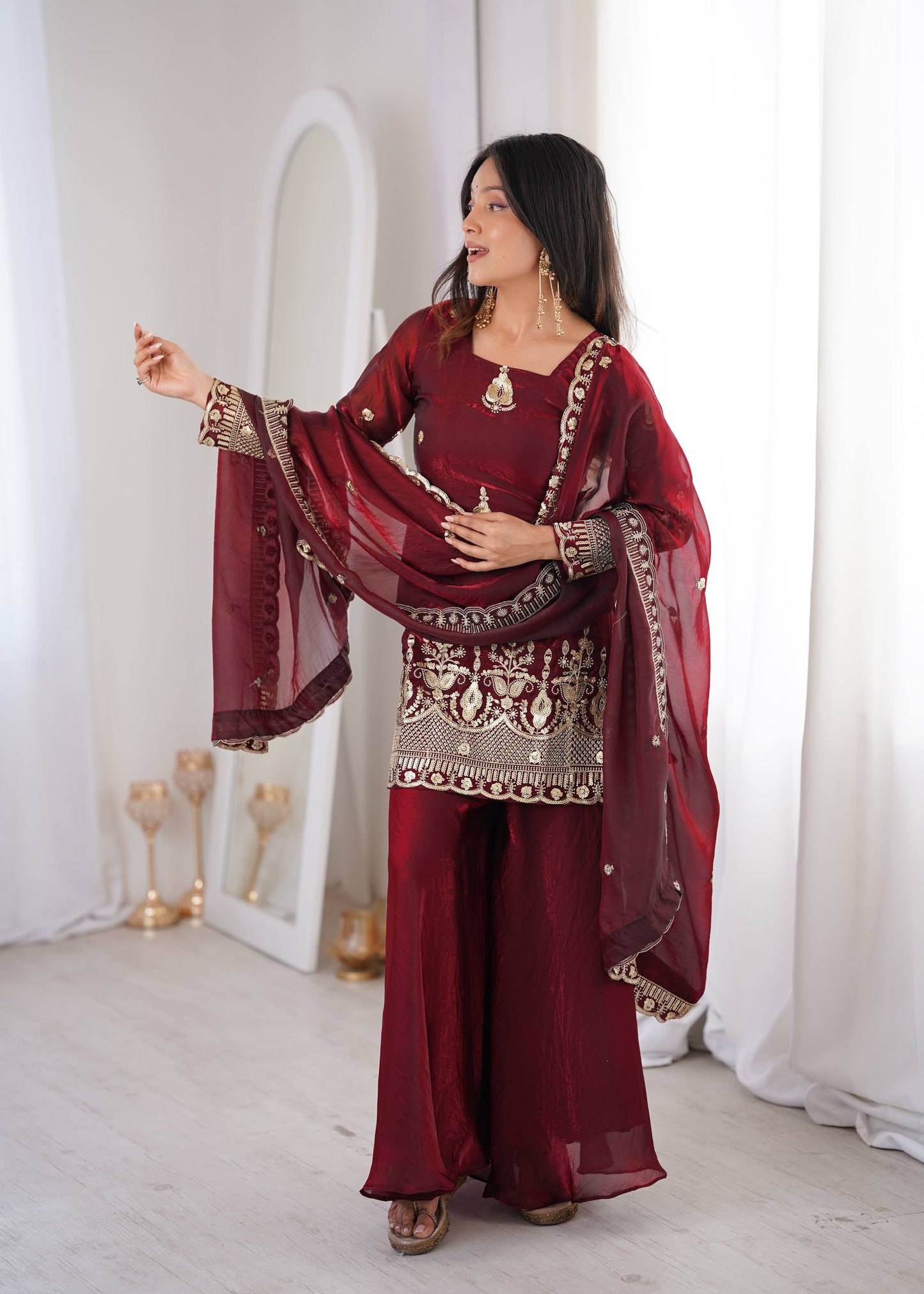 Arti Chauhan Wear Maroon Color Fendy Silk Sequin Work Sharara Suit Set
