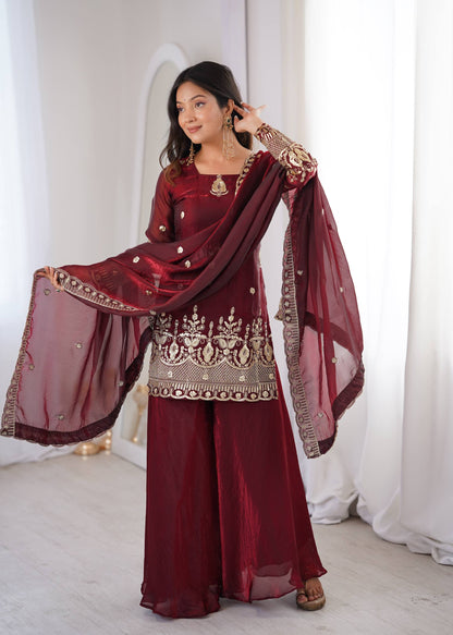 Arti Chauhan Wear Maroon Color Fendy Silk Sequin Work Sharara Suit Set